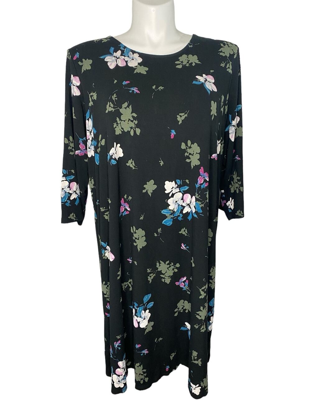 J.JILL Wearever Collection Black Floral Keyhole Dress Size 2X Women Elbow Sleeve